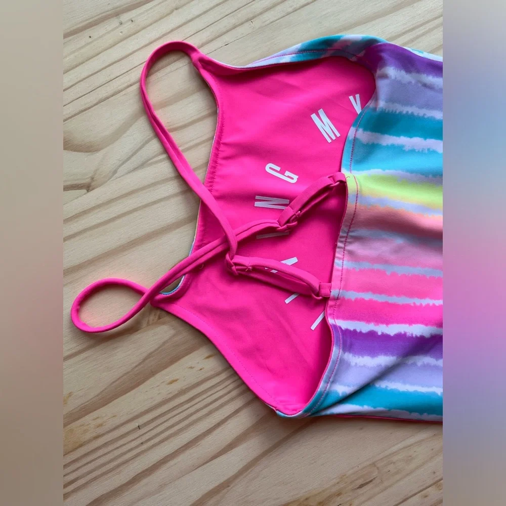 Girls Bright Pink & Rainbow Stripe Reversible Justice Swim Suit Sz 10/12